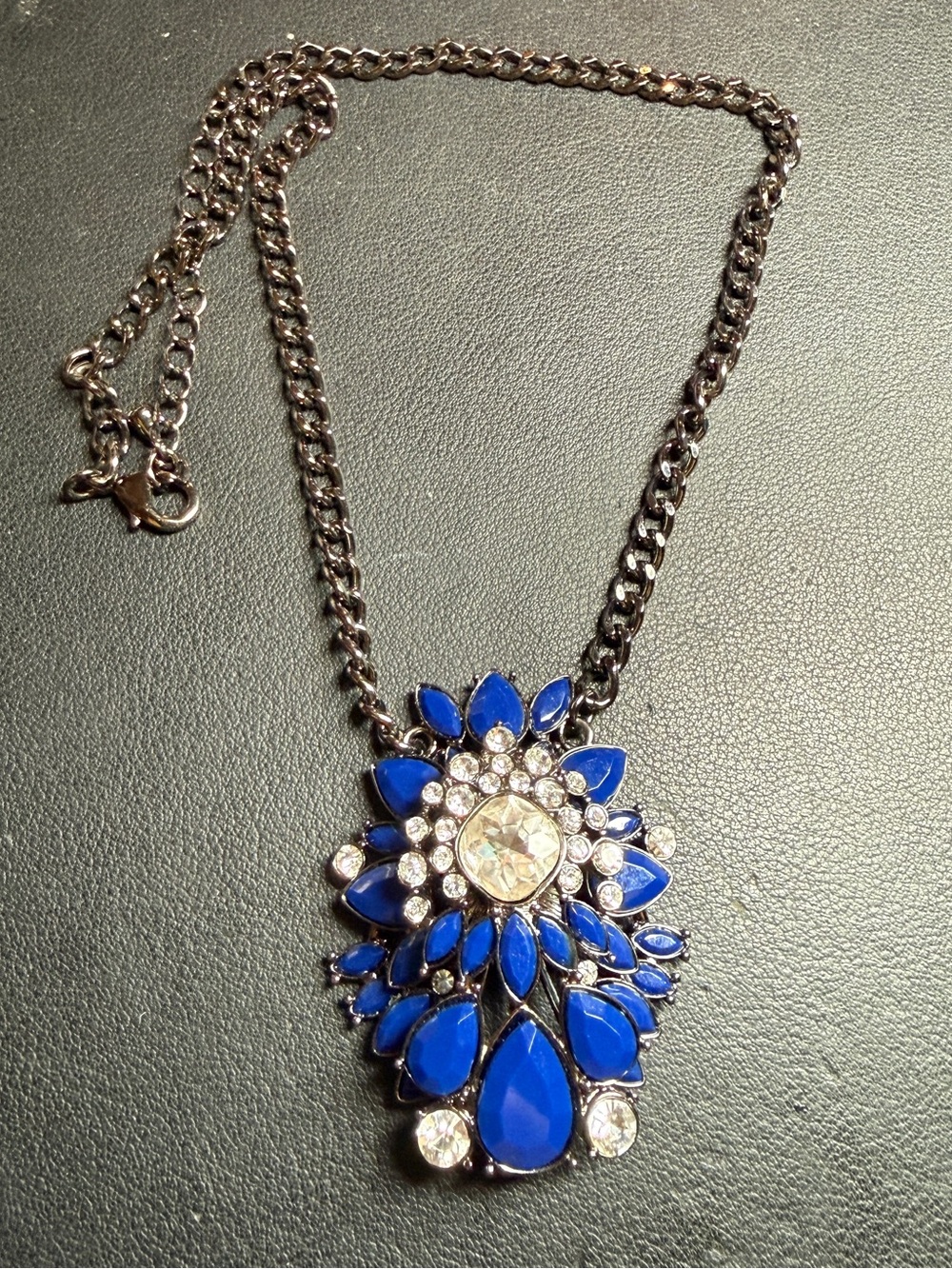 Park Lane "Spellbound" Blue Cluster Crystal Multi Faceted Necklace Gunmetal 18"